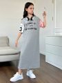 SHEIN Kids SUNSHNE Tween Girls' Knitted Color Block Dress With Slogan Print, Loose Fit, Round Neckline