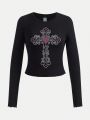 Teen Girls' Casual Long Sleeve Round Neck T-Shirt With Cross Print, Suitable For Autumn