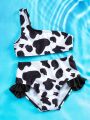 Baby Girl Cow Pattern Frill Trim Bikini Swimsuit