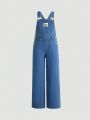 Tween Girls' Basic Casual Letter Patch & Oversized Wide Leg Denim Overall Pants