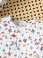 SHEIN Newborn Baby Girls' Short Sleeve Leaf Print Jumpsuit, Daily Summer Style