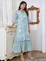Floral Embroidery Split Tunic With Pleated Hem Dress
