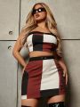 SHEIN SXY Ladies' Color Block Strapless Crop Top And Short Skirt Set