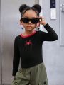 SHEIN Kids Cooltwn Young Girl Embroidery Spider Web Pattern Contrast Neck Tee