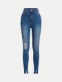 SHEIN Tween Girl's Blue Y2k Style Streetwear Skinny Jeans With Distressed Detail