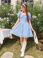 Teen Girl's Checked Weave & Lace Splice Puff Sleeve Casual Dress With Sweetheart Neckline
