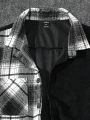 Extended Sizes Men Plus Plaid Print Pocket Patched Button Up Overcoat