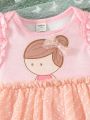 Baby Girl Romantic & Elegant Polka Dot Mesh Splice Cartoon Printed Bodysuit For Spring And Summer