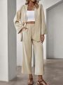 SHEIN LUNE Two Piece Set With Dropped Shoulder Sleeves Open Placket Top And Trousers