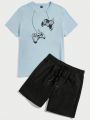 SHEIN Men Gamepad Print Tee & Drawstring Waist Shorts PJ Set