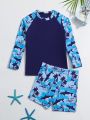 Little Boys' Shark Printed Raglan Long Sleeve T-Shirt And Shorts Set