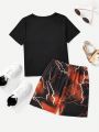 SHEIN Kids HYPEME Young Boy's Fashionable Lightning Print Casual Two-Piece Outfit