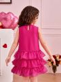 SHEIN Kids FANZEY Toddler Girls' Round Neck Sleeveless Three-Tiered Mesh Dress With Waterdrop-Shaped Back And Ruffle Hem
