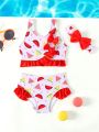 Baby Girl Watermelon Heart Printed Two Piece Swimming Suit With Color Blocking Ruffles