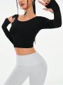 SHEIN Sport Studio Solid Color Slim Fit Long Sleeve Sports T-Shirt With Twist Back Knot And Round Neckline