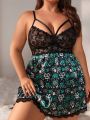 Sexy Plus Size Color Block Lace Panel Cami Dress With Thong