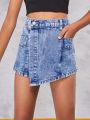 SHEIN Tween Girls' Washed Casual Fashion Denim Skirt Pants