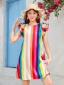 SHEIN Teen Girls' Woven Rainbow Stripe Pattern Ruffle Edge Casual Dress