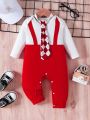 SHEIN 2pcs/Set Baby Boy Vintage College Style Casual Contrasting Color With Faux Double-Breasted Design And Tie, Suitable For Valentine'S Day