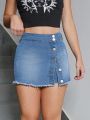 SHEIN Teen Girl's Water Washed Ripped Casual High-Waist Stretch Jean Skirt