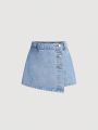SHEIN Tween Girls' Light Blue Washed Y2k Style Irregular Buckle Design Denim Skirt Pants For Summer Vacation