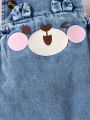 Cute Baby Girl'S Denim Overalls With Bear Expression Pattern