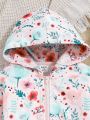 SHEIN Infant Girls' Casual Hooded Sweatshirt Jacket With Pink Flower Pattern
