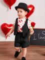 SHEIN Baby Boys' Gentleman Outfits, Heart Pattern Casual Shirt, Solid Color Vest, Shorts, 3pcs/set