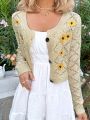 SHEIN WYWH Women'S Sunflower Embroidery & Hollow Out Cardigan