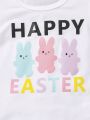 SHEIN Kids QTFun Young Girl Easter Summer New Cartoon Rabbit & Letter Printed Flying Sleeve Top & Flare Pants With Headband Set