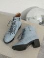 Chunky Heel Thick Sole Lace-up Vintage Denim Texture Wear-resistant Women's Boots