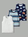 SHEIN Kids QTFun 3pcs/Set Young Boys' Casual & Comfortable & Stylish & Simple & Practical All-Match Cartoon Dinosaur & Dope Color Series Lovely Pattern & Color Block Striped & White Breathable & Comfortable Vest Suit, Suitable For Spring/Summer