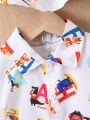 Baby Boys' Fashionable And Versatile Artistic Design Printed Shirt And Shorts Casual Outfit