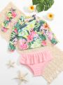 Baby Tropical Print Ruffle Trim Bikini Swimsuit & Headband