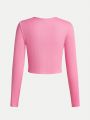 SHEIN Teen Girl Solid Color Ribbed Knit Round Neck Long Sleeve T-Shirt