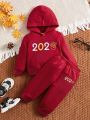 Baby Boys' Casual 2024 New Year Printed Long Sleeve Hooded Sweatshirt And Jogger Pants Suitable For Autumn/Winter