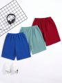 SHEIN Kids EVRYDAY 3pcs/Set Tween Boys' Casual Solid-Color Knitted Shorts With Embroidered Alphabet Logo, 3 Colors, 1pc Each Color