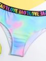 Teenage Girls' Tie-Dye Letter Print Braided Strap Halter Bikini