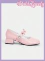 Dola Lovely Pearl Buckle Pink Mary Jane Pumps For Women, Square Toe Chunky Heel Shallow Mouth Fashionable Heart & Butterfly Pattern High Heels