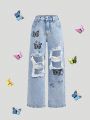 SHEIN Tween Girls Y2K Trendy Spring Summer Butterfly Print Stonewashed Ripped Straight Leg Jeans,Girl Summer Clothes Outfits
