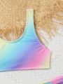 Tween Girl Gradient Color Separated Swimsuit Set, 3pcs