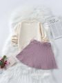 SHEIN Kids Nujoom Young Girl Floral Embroidery Cardigan & Knit Skirt