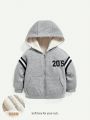 Cozy Cub Baby Boy Letter Graphic Contrast Tape Zip Up Hooded Thermal Jacket
