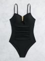 Teenage Girls' V-Neck One-Piece Swimsuit With Metal Buckle Decoration And Pleated Detailing