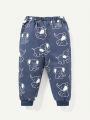 Cozy Cub Boys' Baby Elephant Cartoon Printed Pants And Thin Sweater Two-Piece Set With Raglan Sleeves