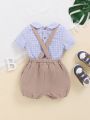 SHEIN Baby Boy Casual Plaid Turn-Down Collar Short Sleeve Shirt And Solid Color Overalls Shorts Set