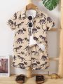 SHEIN Kids QTFun Young Boys' Summer Dinosaur Digital Print Short Sleeve Button Down Shirt And Shorts Set, Lovely Style, Suitable For Summer