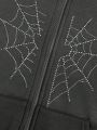 SHEIN Girls' Spider Web & Rhinestone Decor Hoodie With Pockets And Fleece Lining