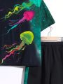 SHEIN Boys' Colorful Jellyfish Print Short Sleeve Hooded Top And Shorts Set