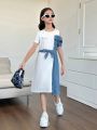 SHEIN Kids SUNSHNE Tween Girls' Loose Fit Color Block Round Neck Casual Dress With Patchwork